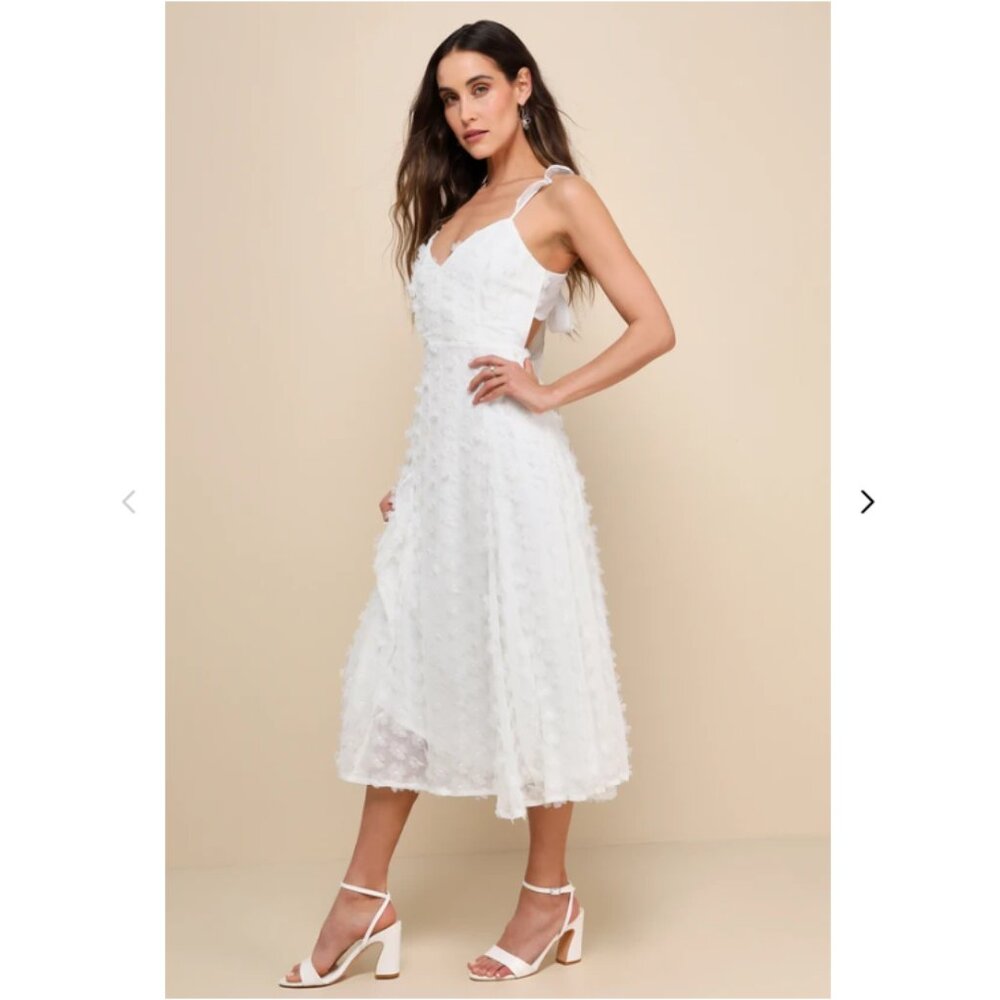 Darling Flirtation White 3D Floral Applique Tie-Back Midi Dress